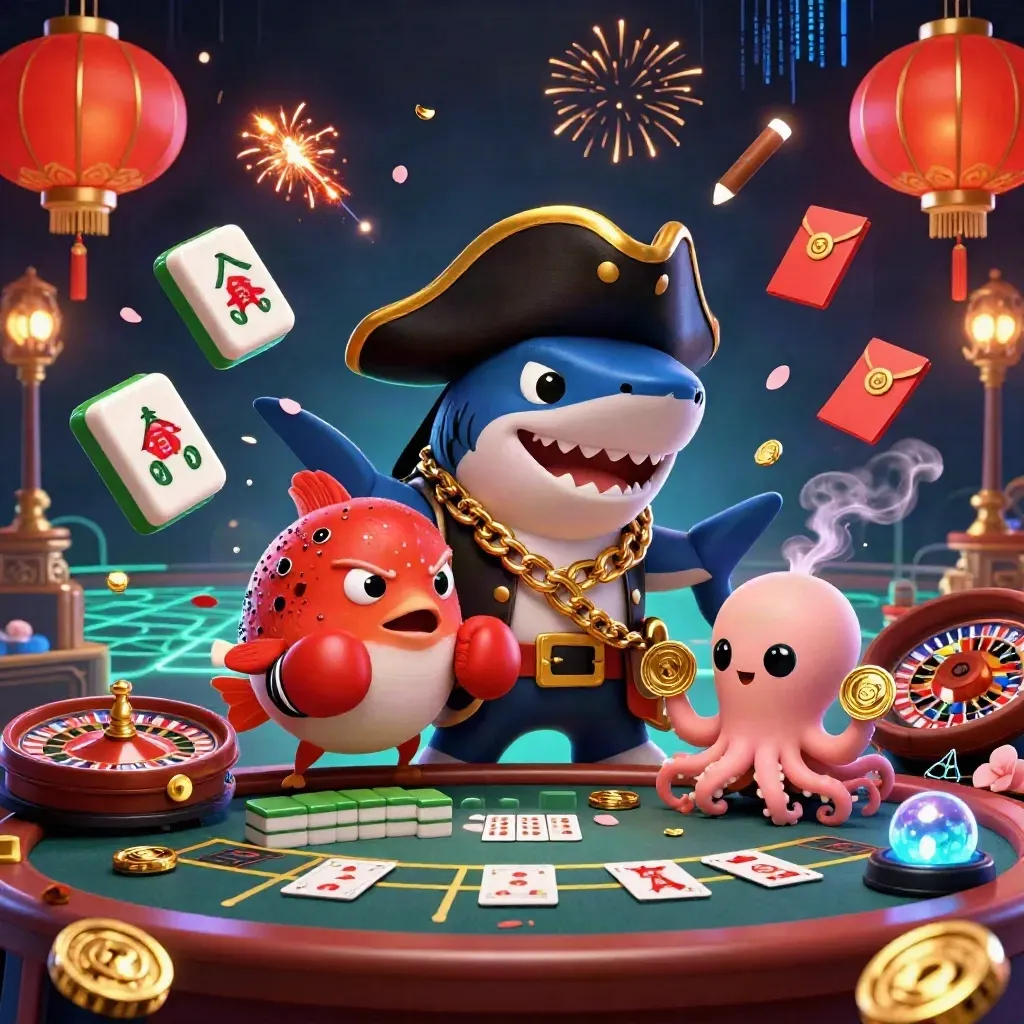 Piratenhai, Kugelfisch und Oktopus in einer goldenen Neon-Casinosszene.