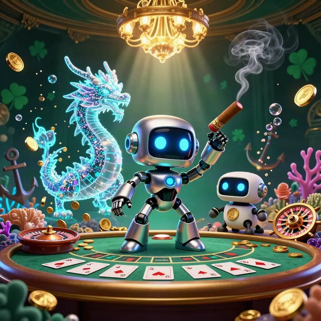 Cyberpunk-Roboter, Hologrammdrache und Drohne in einer leuchtenden Unterwasser-Casinokulisse.