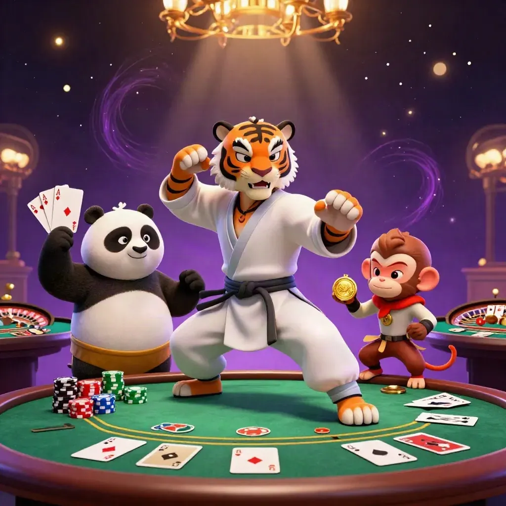 Tiger, Panda und Affe am Casino-Tisch im goldenen Licht