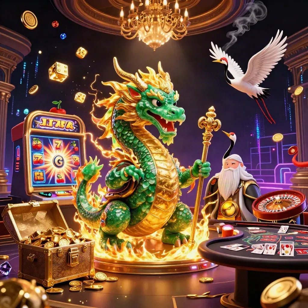 Jade-Drache, Schildkröte und Kraniche vor goldener Casino-Explosion mit Slot, Roulette und Karten.