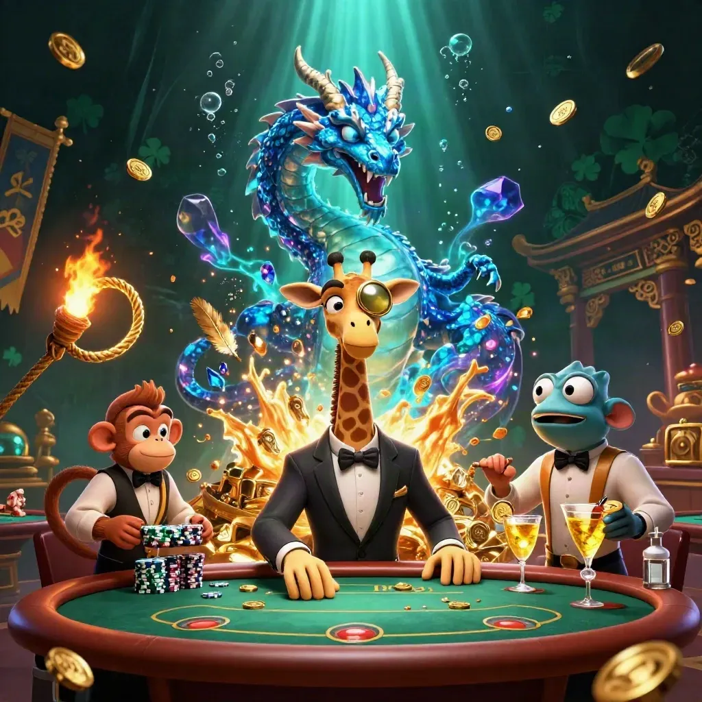 Saphirdrache über VIP-Tisch mit Giraffe, Affe und Chamäleon im Luxus-Casino