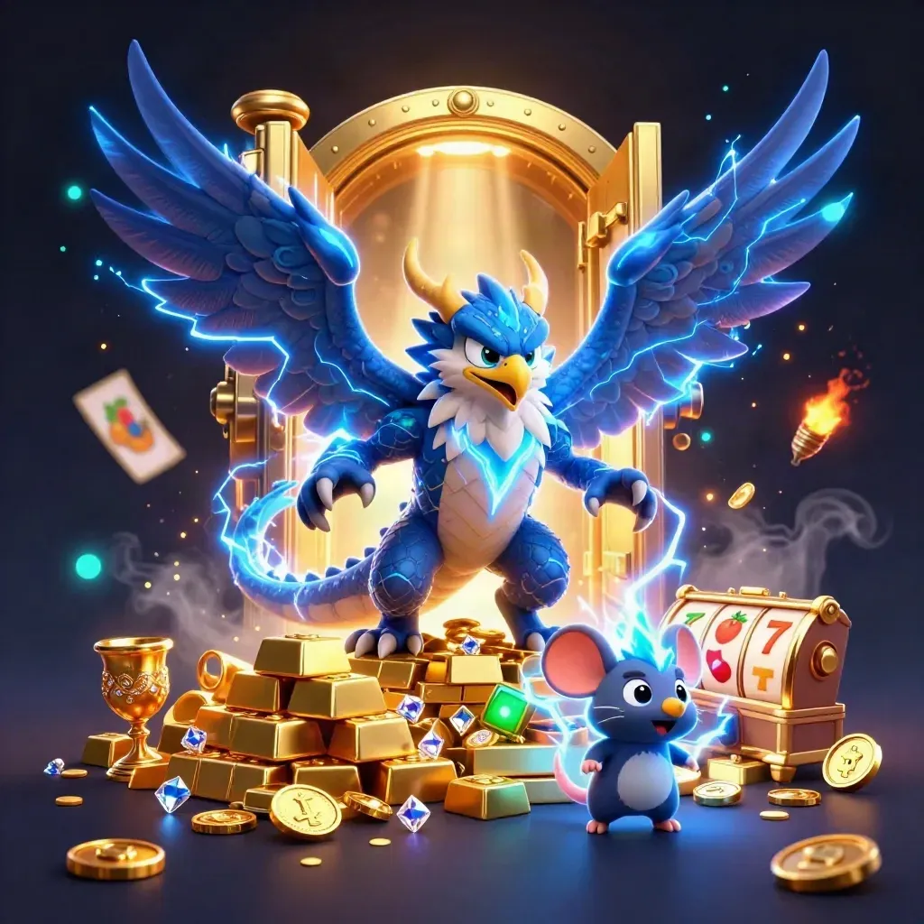 Thunderdrache, Windadler und Statik-Maus vor goldener Schatztruhe im dunklen Casino-Glanz