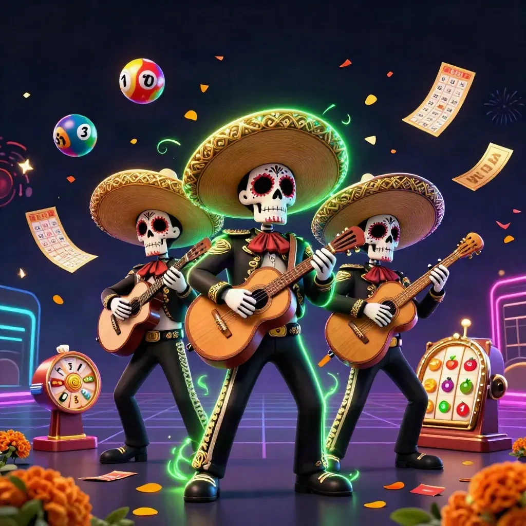 Drei Skelett-Mariachis mit Goldsombreros, Spielsymbole und Neon-Glanz in dunkler Casino-Szene.