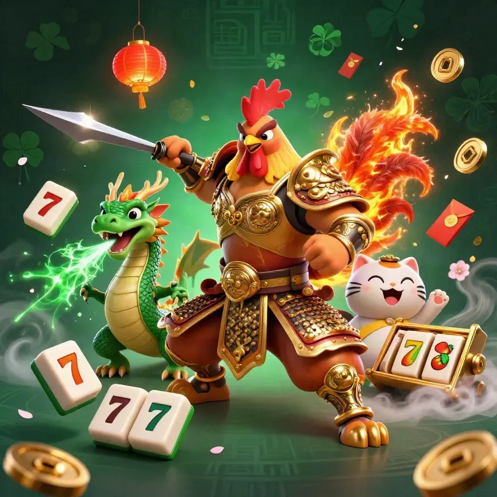 Kämpfender Hahn, Drachenbaby und Glückskatze vor Gold, Jade und Emerald-Funken.