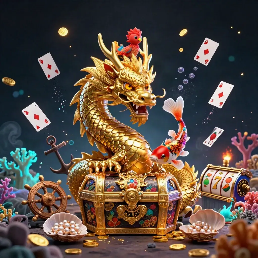 Goldener Drachenhüter mit Phoenix und Koi im Schatzcove, Münzen und Cyan-Glühen
