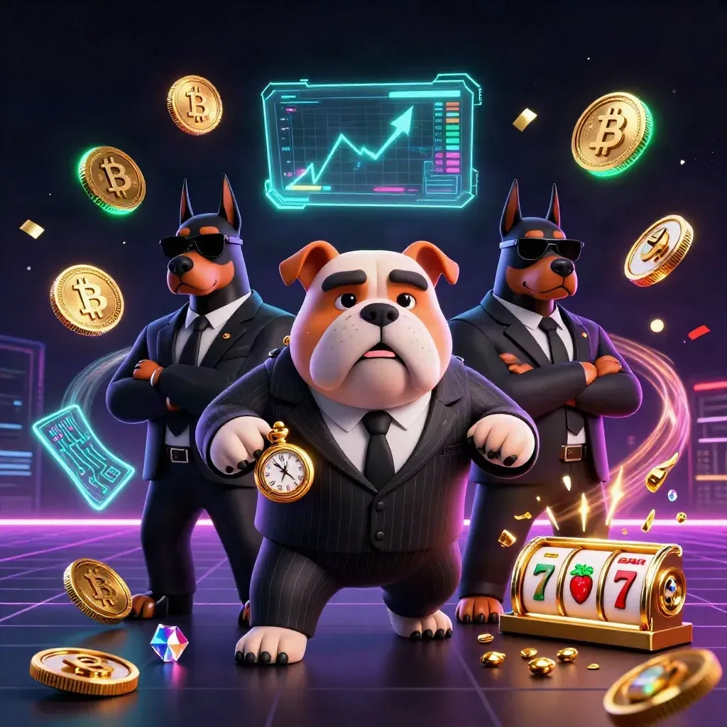 Mafia-Bulldog mit zwei Dobermännern, Krypto-Münzen und Neonblitzen vor dunklem Casinohimmel