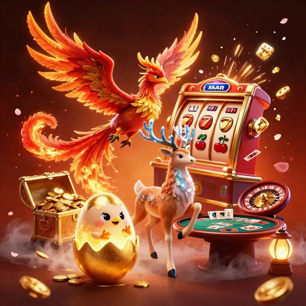 Phönix, Hirsch und Slotmaschine explodieren in Gold, Funken und Casino-Luxus