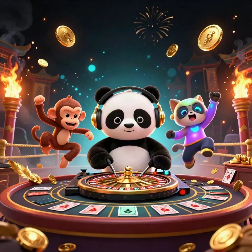 DJ-Panda, tanzender Affe und leuchtende Katze feiern in Gold, Münzen und Feuerpartikeln.