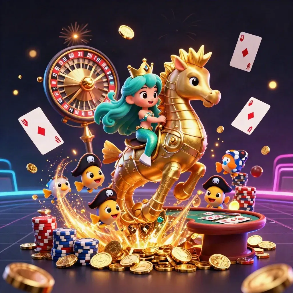 Meerjungfrau auf Seepferdchen, Goldmünzen, Pokerchips und Roulette im Casino-Look