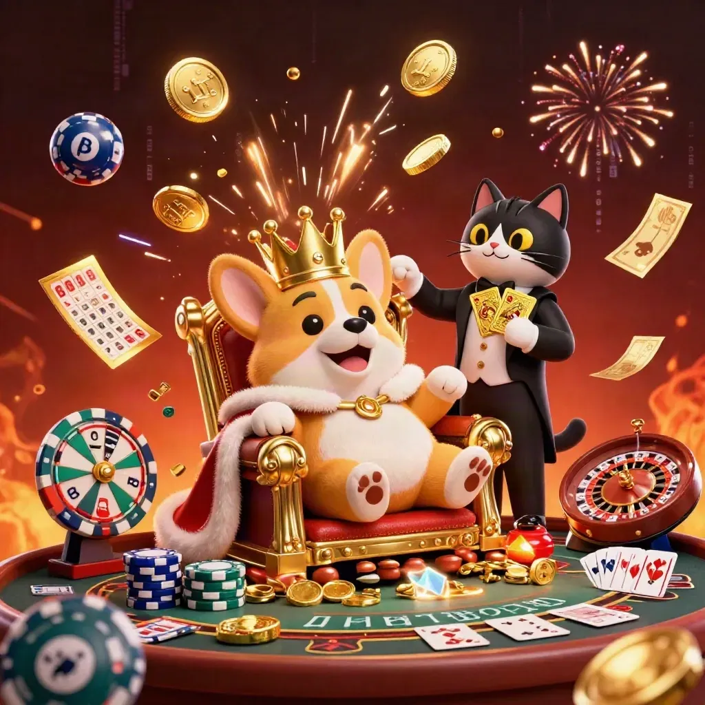 Goldener Corgi-König und Katzenbutler inmitten von Münzen, Glücksrad und Casino-Glanz