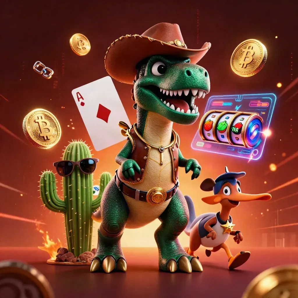 Cowboy-T-Rex, Kaktus und Roadrunner in goldener Casino-Action mit Neon-Effekten.
