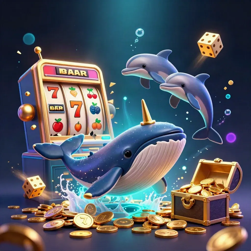 Goldener Wal-Kapitän mit Narwal, Delfinen, Münzen und Slot-Effekten im dunklen Casino-Meer.