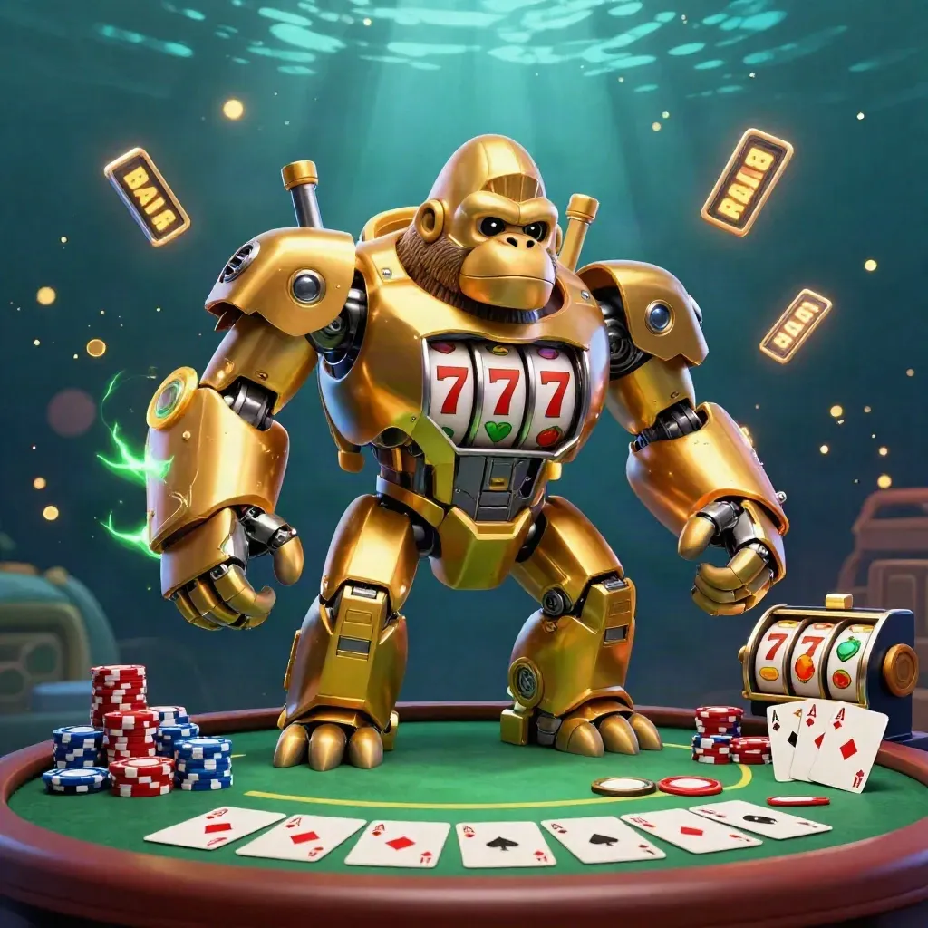 Goldener Gorilla-Mech mit Slot-Reels, Pokerkarten, Chips und kleinem Affenpiloten