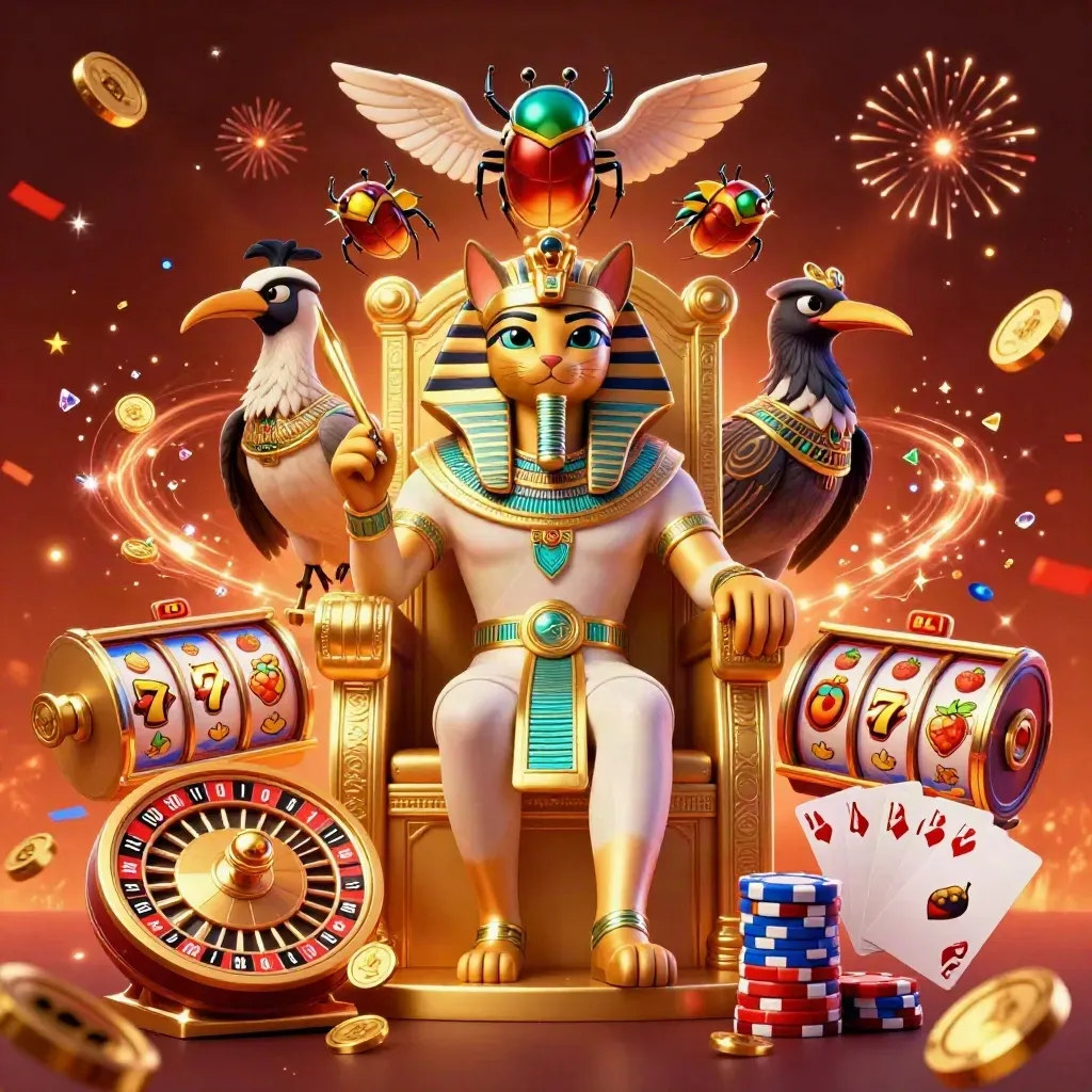 Pharaonenkatze, Ibis und Skarabäen vor Goldmünzen, Roulette, Karten und Chips.
