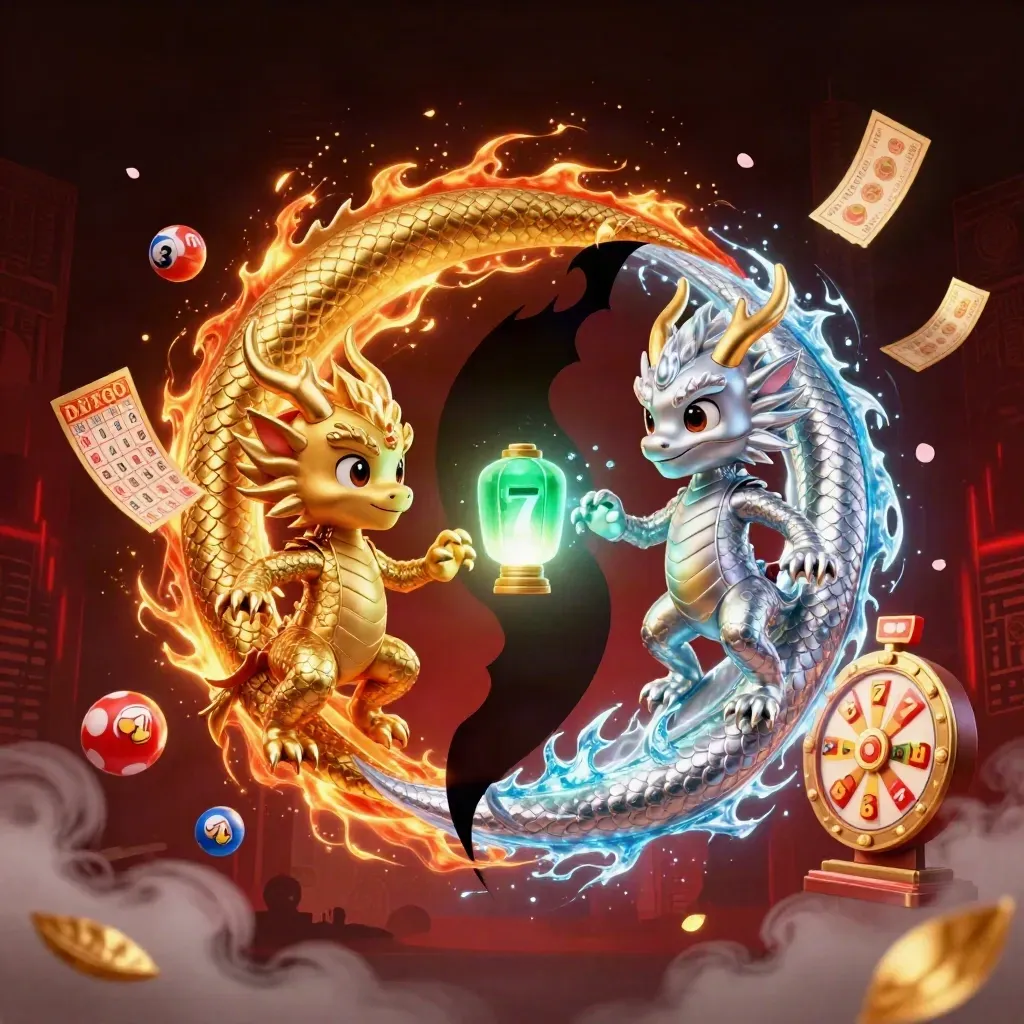 Gold- und Silberdrache im Yin-Yang mit Spielsymbolen und leuchtendem Geist.