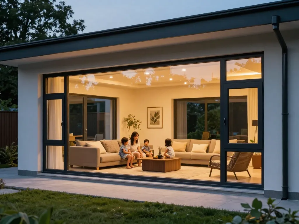 Gemütliches Familienheim mit energieeffizienten fenster schüco in der Dämmerung, das modernes Design und Wärme zeigt.