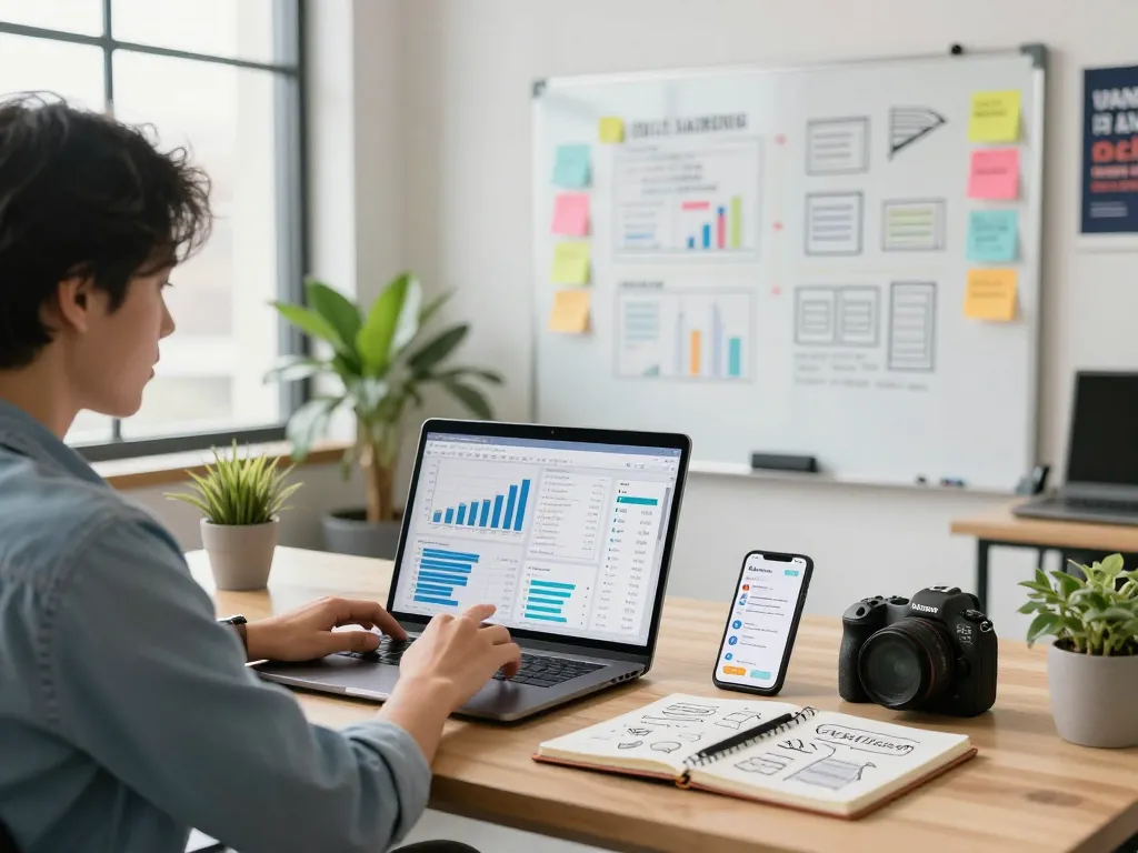 Focused digital marketer analyzing metrics on https://7mvna.com/ with modern workspace elements.