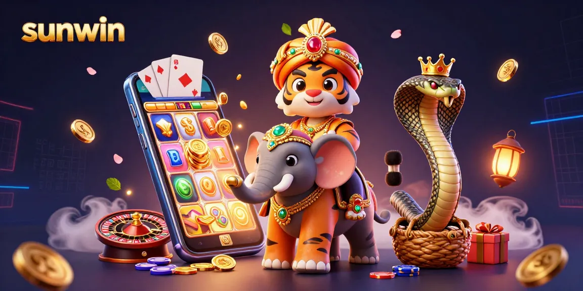 Sunwin showcases a vibrant casino scene featuring a maharaja tiger and a jewel-encrusted elephant.