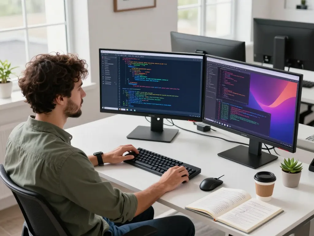 Developer working on https://thscrore.app/ in a modern tech workspace with multiple screens, coding elements, and a creative atmosphere.