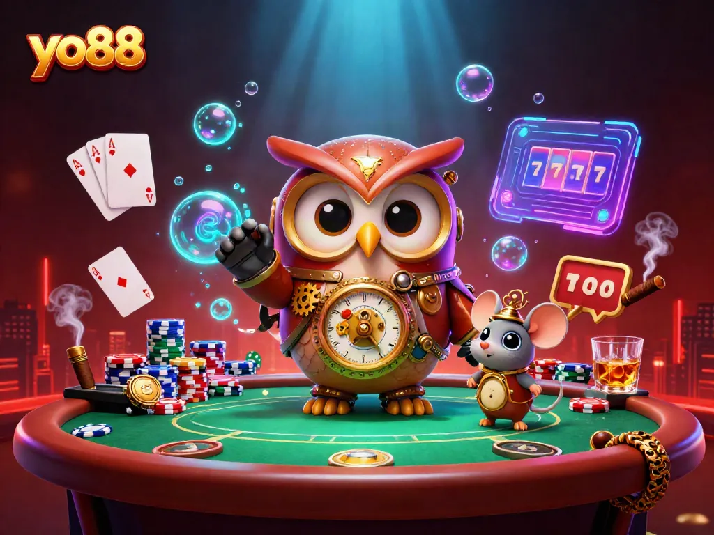 Experience casino excitement with yo88's illustrated owl and mouse amidst vibrant gambling scenes.