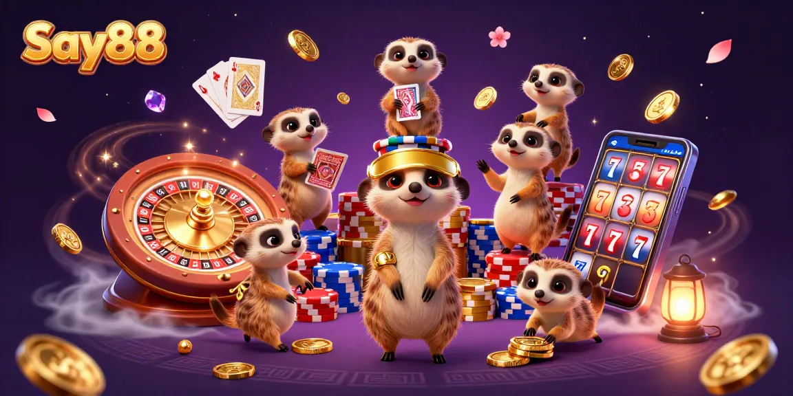 Experience dynamic action at Say88 with lively meerkats managing a vibrant casino scene.