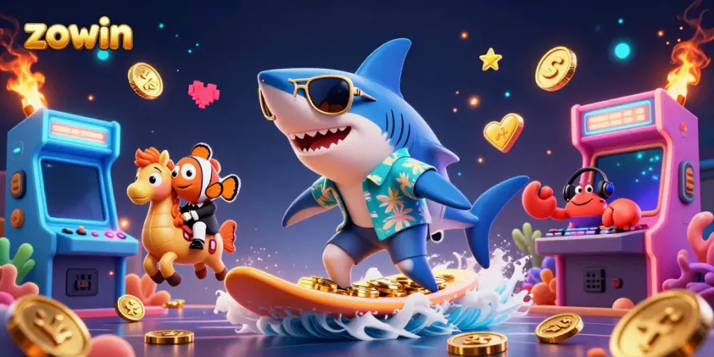 Zowin brings excitement as a hammer-head shark and friends surf gold coins in a vibrant casino scene.
