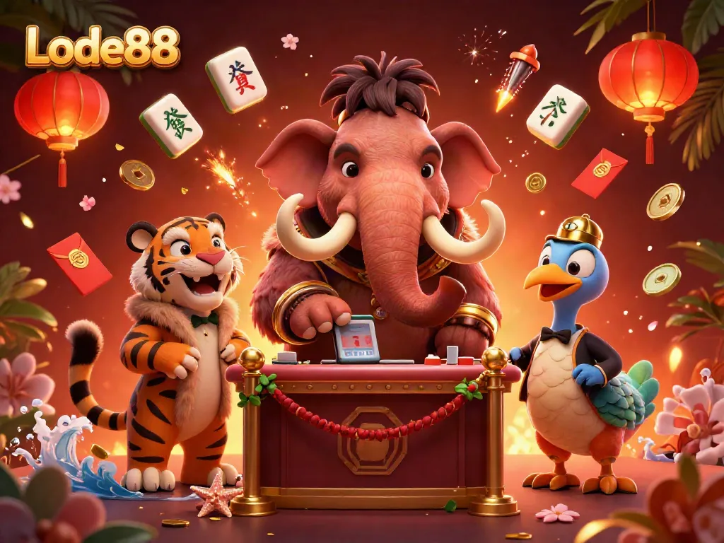 Experience thrilling moments at Lode88 with a vibrant 3D casino scene featuring unique characters and gambling elements.