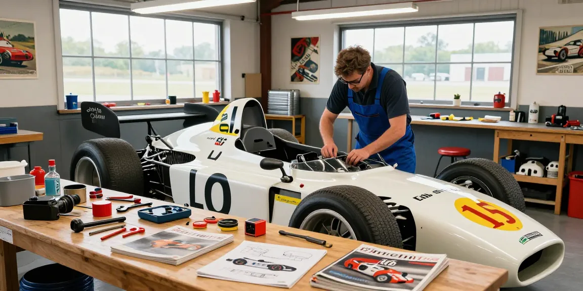 Restoration of a vintage Lola LC88 car in a bright garage with detailed mechanics and automotive tools.