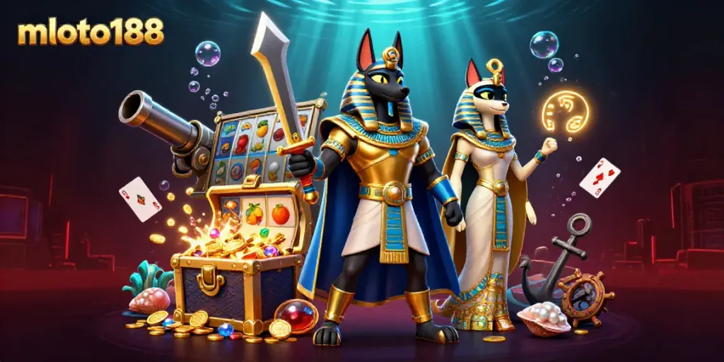 Engage in thrilling slots with mloto188 featuring Egyptian hero and treasure amidst vibrant casino elements.