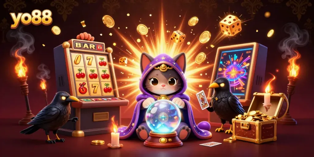Engaging scene of yo88 showcasing a mystical cat and a raven amidst a vibrant casino explosion