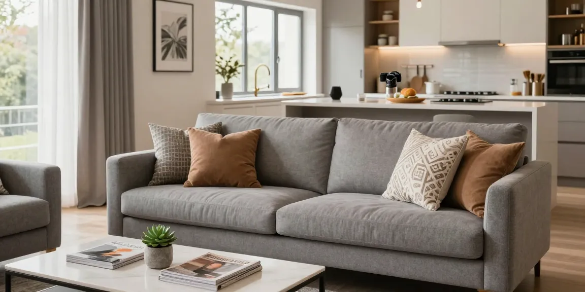 Wohninterior mit modernen Designelementen, das das Konzept von möbel günstig kaufen durch ein stilvolles Wohnzimmer und eine elegante Küche veranschaulicht.