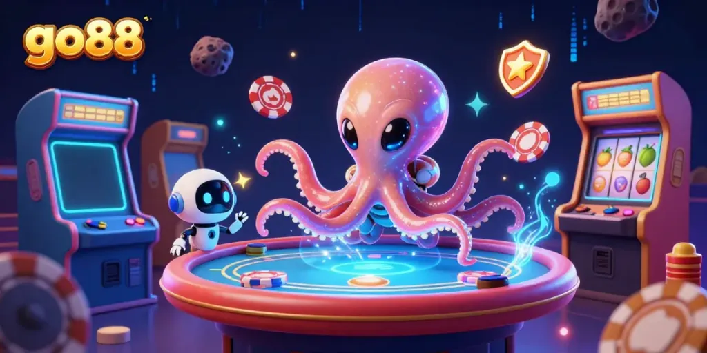 Experience thrilling gameplay at go88 with an alien octopus managing a poker table in an electrifying casino setting.