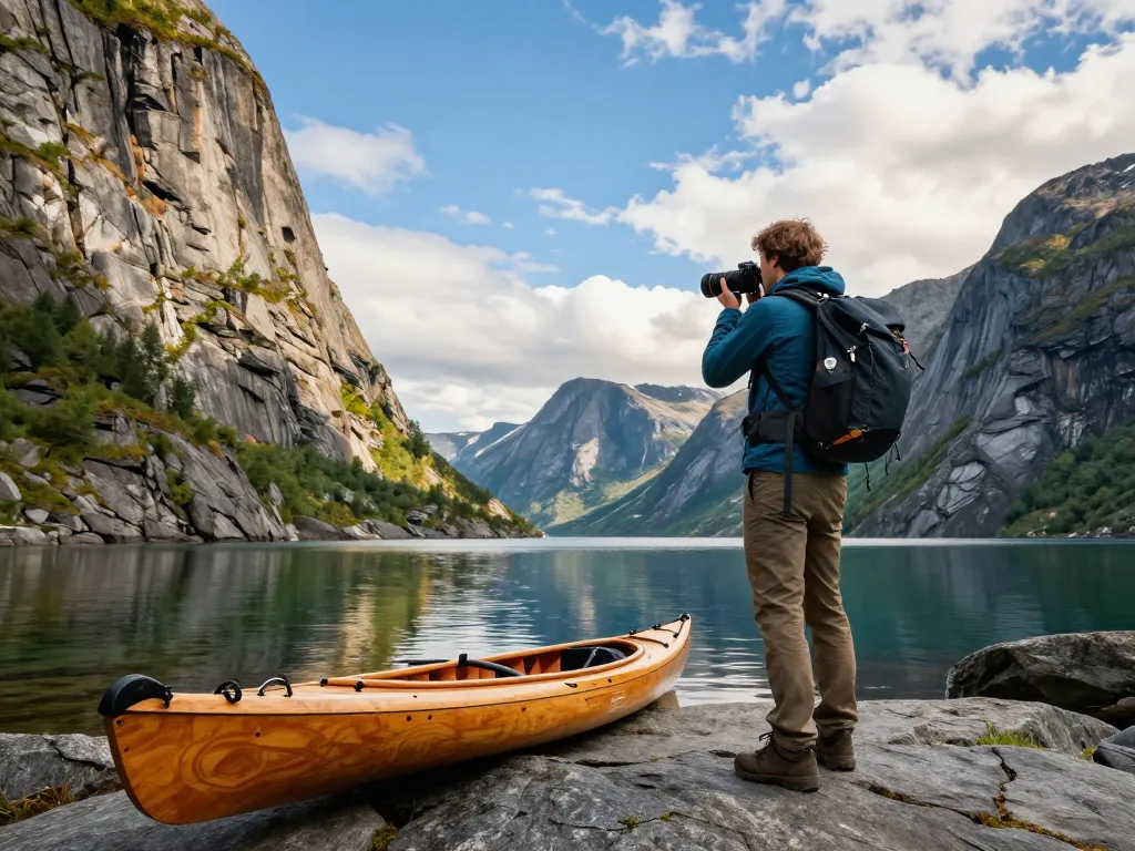 Beeindruckende Fjordlandschaft in Norwegen während des Urlaubs in Skandinavien mit einem Reisenden, der die Aussicht festhält und Abenteuer zeigt.