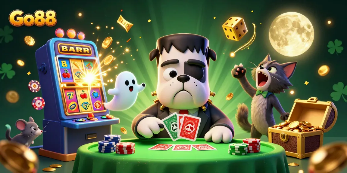 Engage with Go88, featuring a lively casino scene with card dealing, vibrant slot machines, and playful ghost elements.