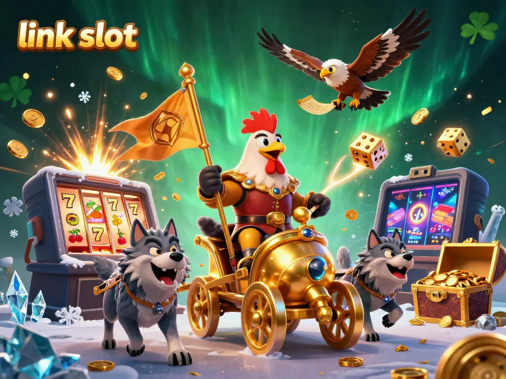 Experience a thrilling link slot scene with a rooster warlord, slot machine jackpots, and golden elements.