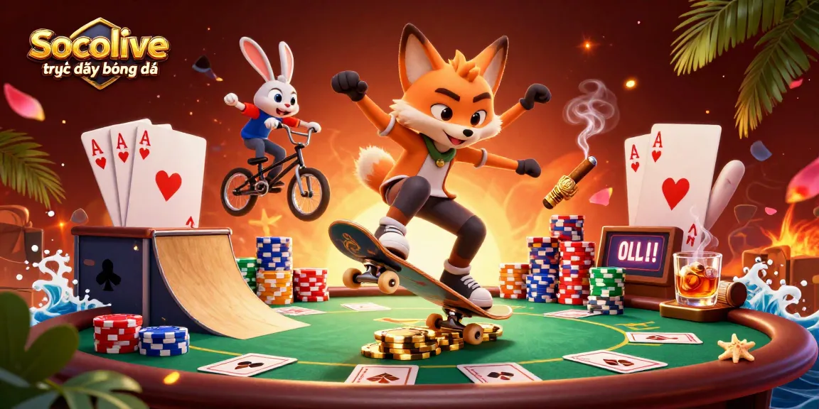 Socolive trực tiếp bóng đá showcases a vibrant scene with skateboarder fox and BMX rabbit in a casino adventure.