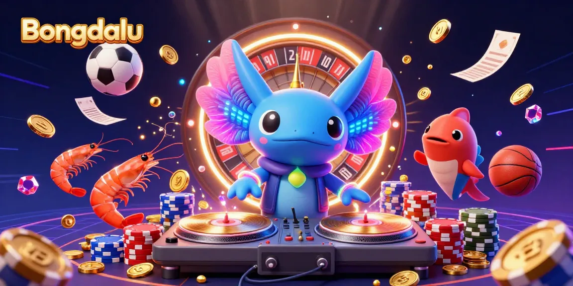 Bongdalu showcases dynamic sports betting excitement with neon axolotl DJ and vibrant game elements.