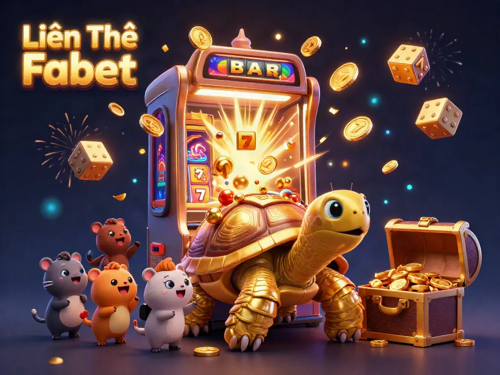 Engage in gaming with Liên Hệ Fabet, featuring a gaming tortoise surrounded by slot machines and golden elements.