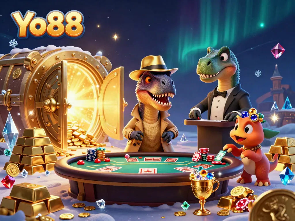 Yo88 players engage in thrilling blackjack action, amid treasure and vibrant casino elements.