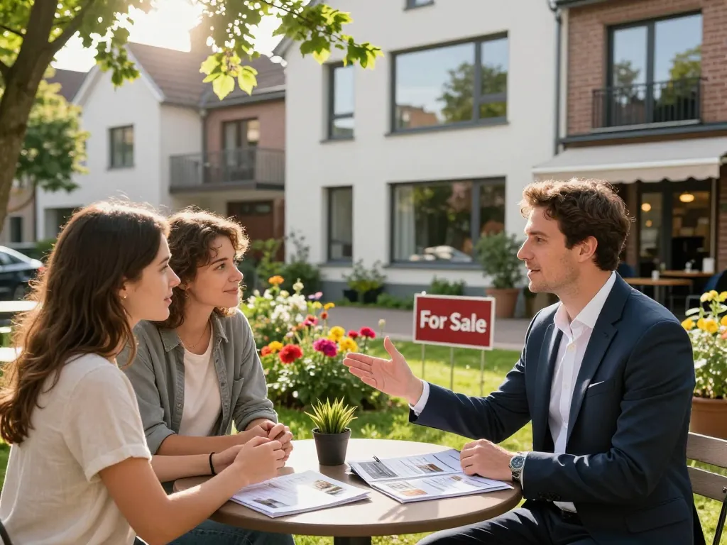 Fesselnde Interaktion mit Immobilienmakler Frankfurt Eckenheim, der potenziellen Käufern eine Immobilie präsentiert.