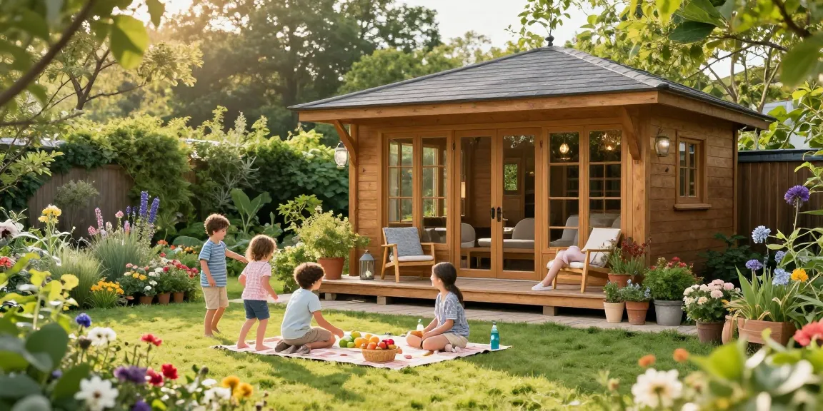 Wunderschönes Gartenhaus im Garten mit Blumenbeeten und spielenden Kindern, einladende Atmosphäre.