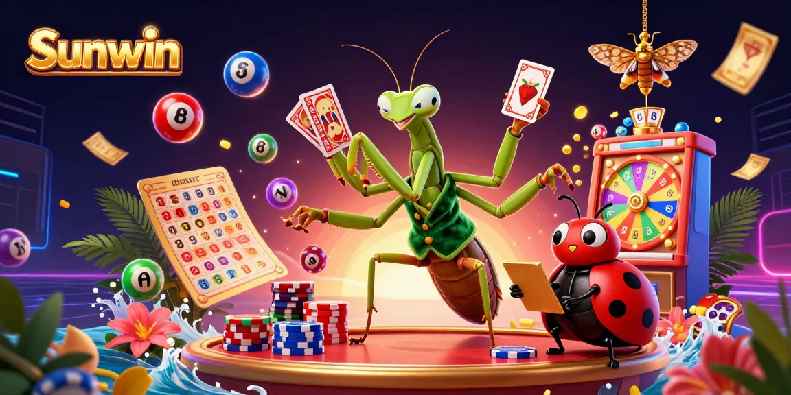 Sunwin brings excitement with a vibrant 3D casino scene featuring a mantis dealer, ladybug pit boss, and dynamic lottery balls.
