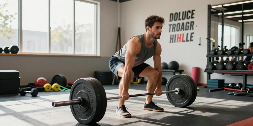 Deus Shop - Athlet beim Gewichtheben im Fitnessstudio, starke Leistung.