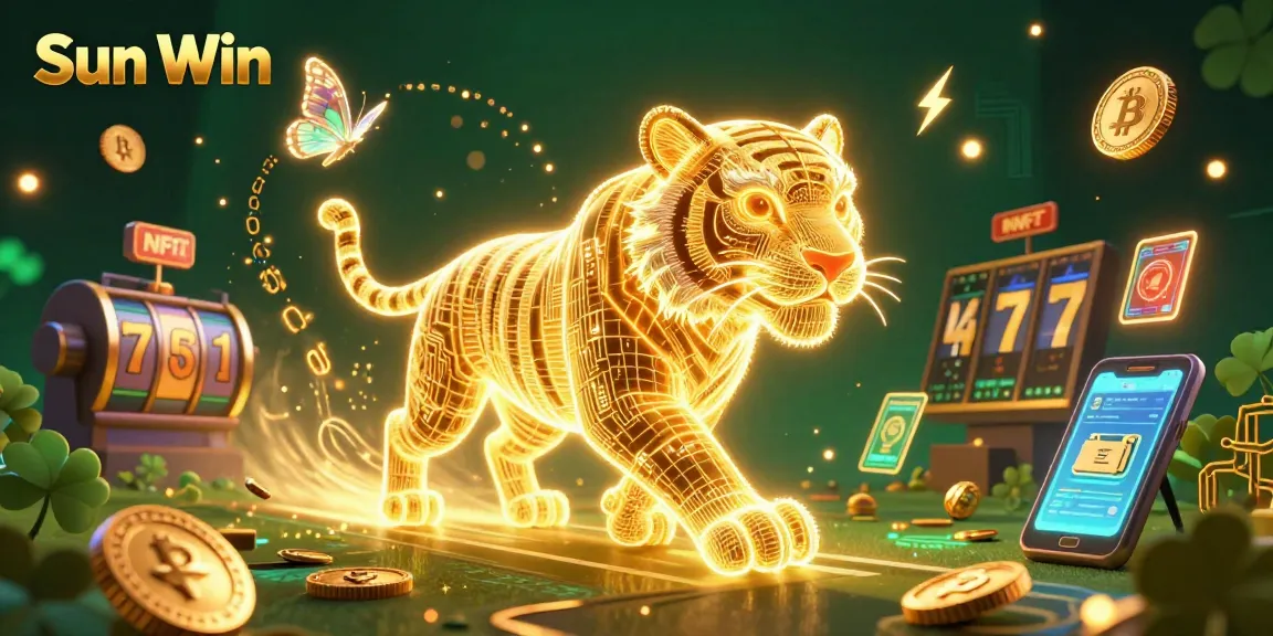Engage with Sun Win's vibrant casino landscape featuring a neon tiger, crypto coins, and slot elements.