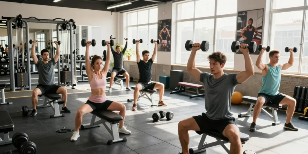 Anabolika kaufen: Sportler im Fitnessstudio beim intensiven Training mit Gewichten und motivierenden Umgebungsdetails.