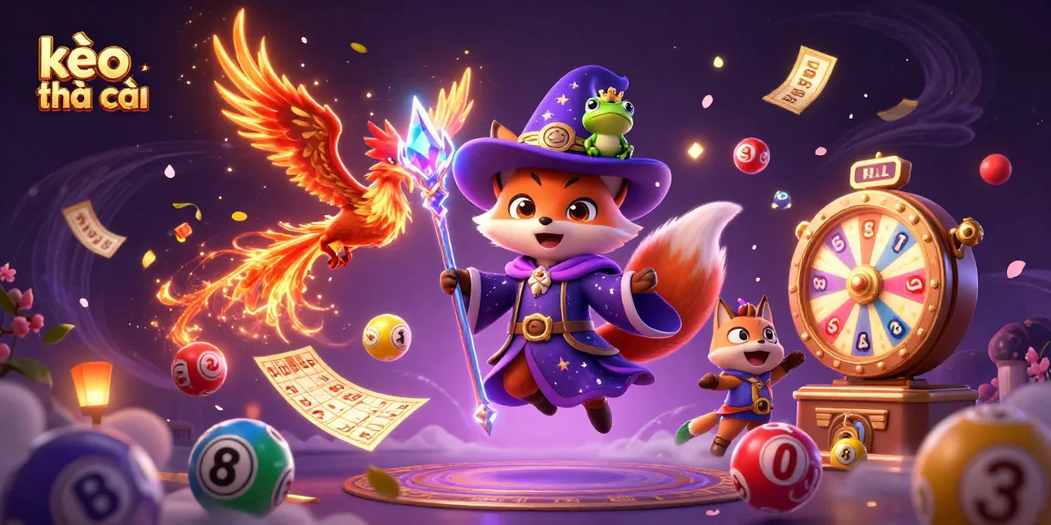 Engage with kèo nhà cái in this captivating 3D digital art scene featuring a wizard fox, phoenix, and lottery elements.