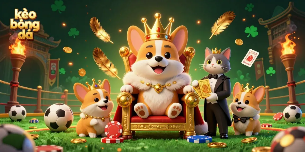 Engage with kèo bóng đá through a playful 3D scene showcasing a royal corgi and butler amid sports betting elements.
