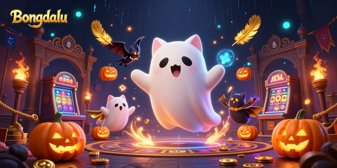 Bongdalu showcases a ghost cat and bat in a lively casino scene with dynamic slot elements.