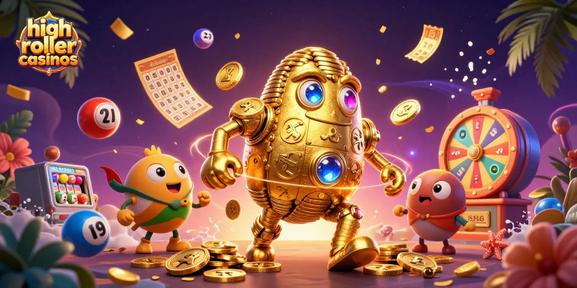 Engage with high roller casinos featuring a golden golem, dynamic games, and vibrant elements.
