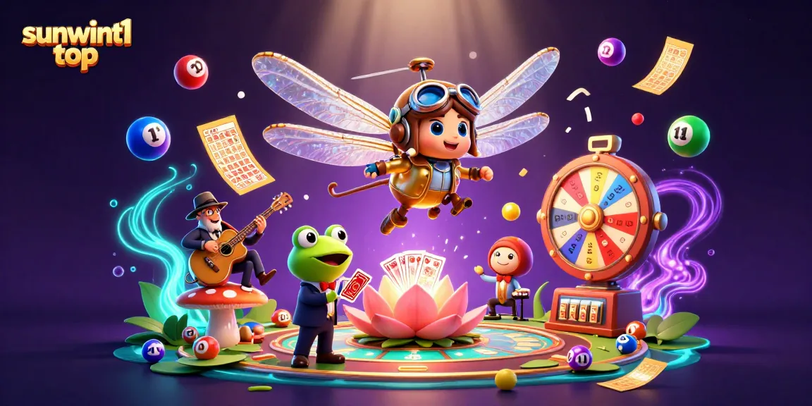 Experience the thrill of winning at sunwint1 top with a vibrant casino-themed illustration featuring colorful lottery balls and dynamic elements.